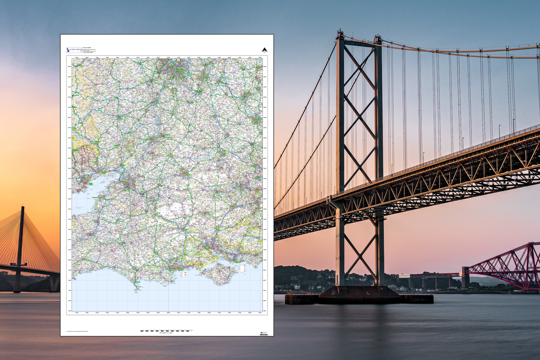 OS 1:250 000 colour road map extract overlaid on a suspension bridge photo at sunset - atlas-style mapping showing motorways, A-roads and towns across a region