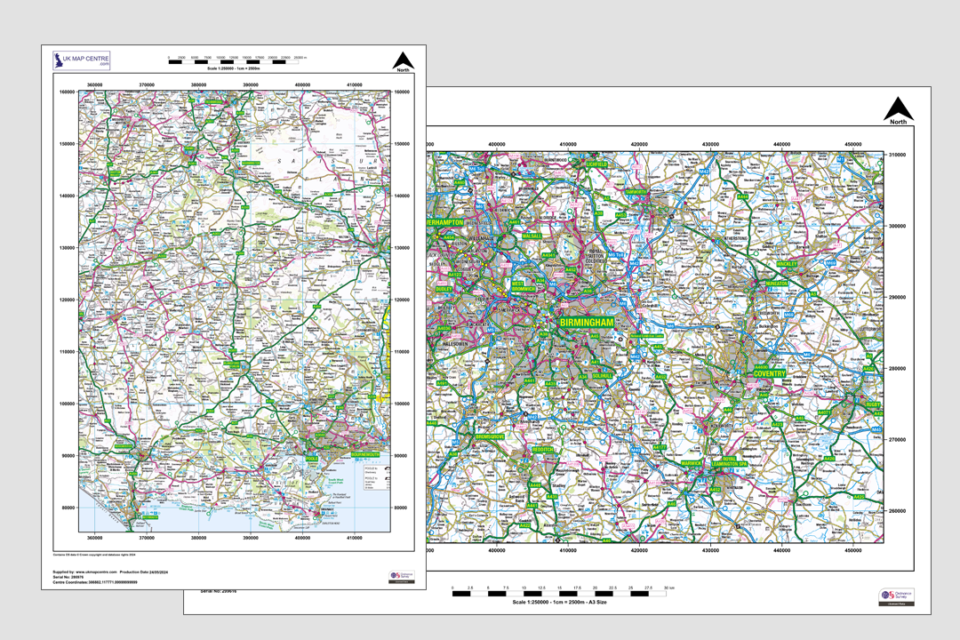 Two OS 1:250 000 road map extracts side by side in portrait and landscape orientation showing regional road networks with colour-coded motorways and A-roads
