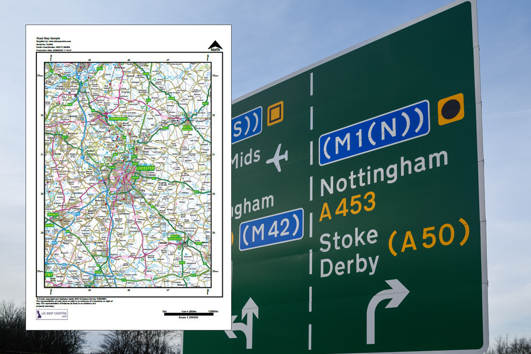 OS 1:250 000 road map extract overlaid on a motorway direction sign showing M1, Nottingham, A453, Stoke, Derby and M42 - journey planning at a glance