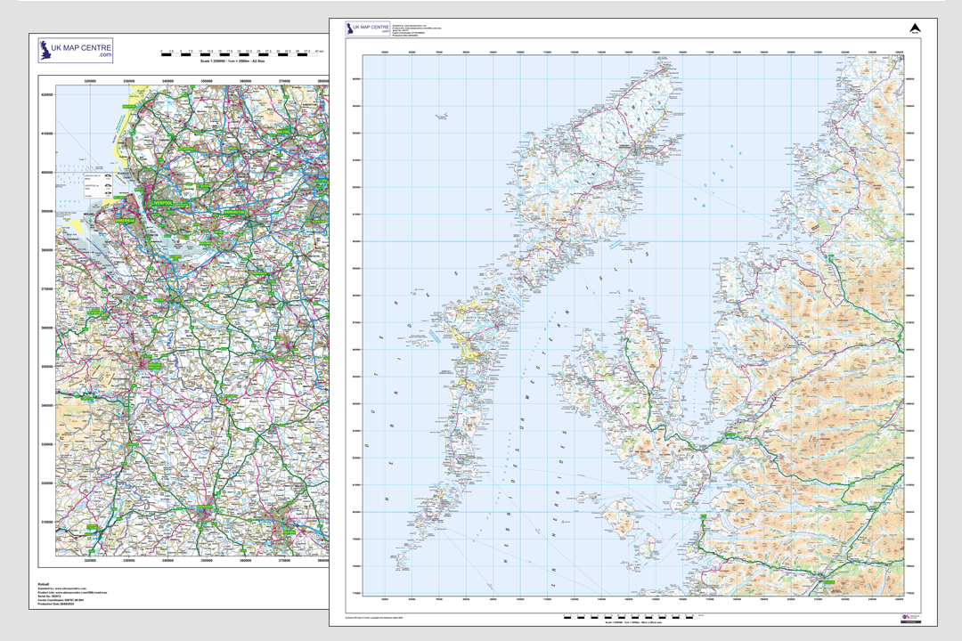Two OS 1:250 000 road map extracts side by side - northern England and Scottish west coast with islands, ferry routes and coastal roads