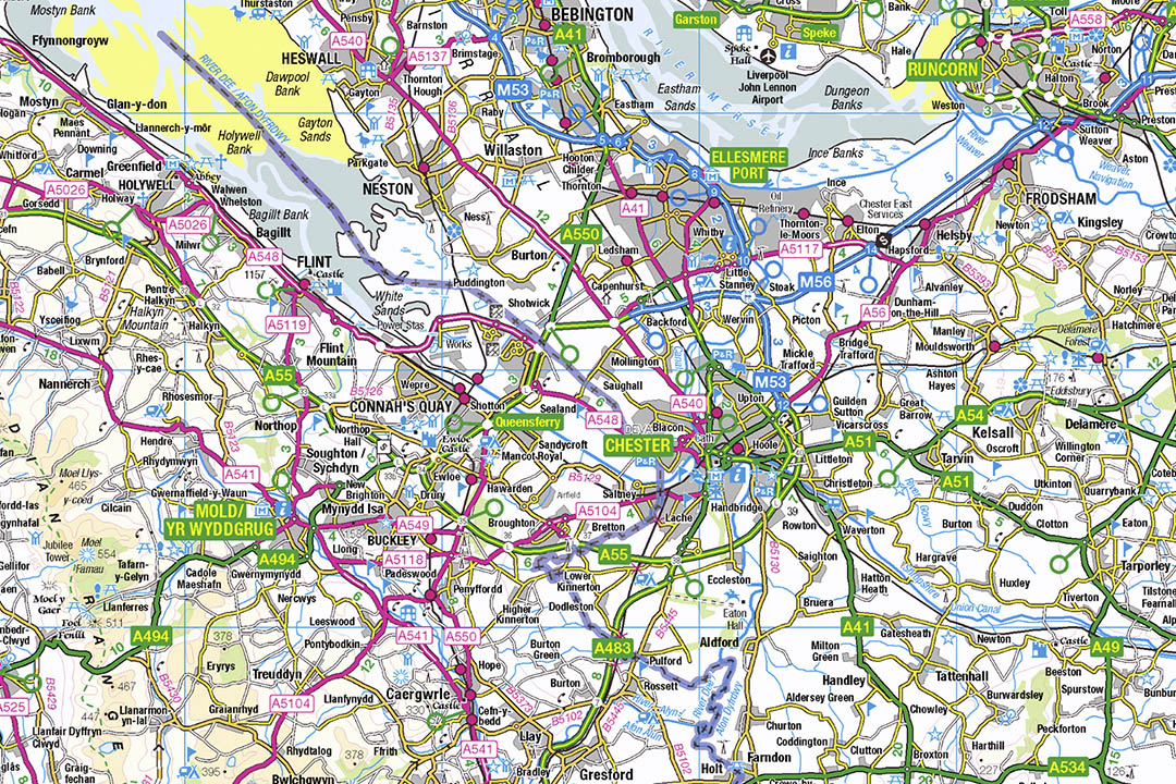 Close-up of OS 1:250 000 road map data showing a city region with pink motorways, green A-roads, blue railways and named towns and villages