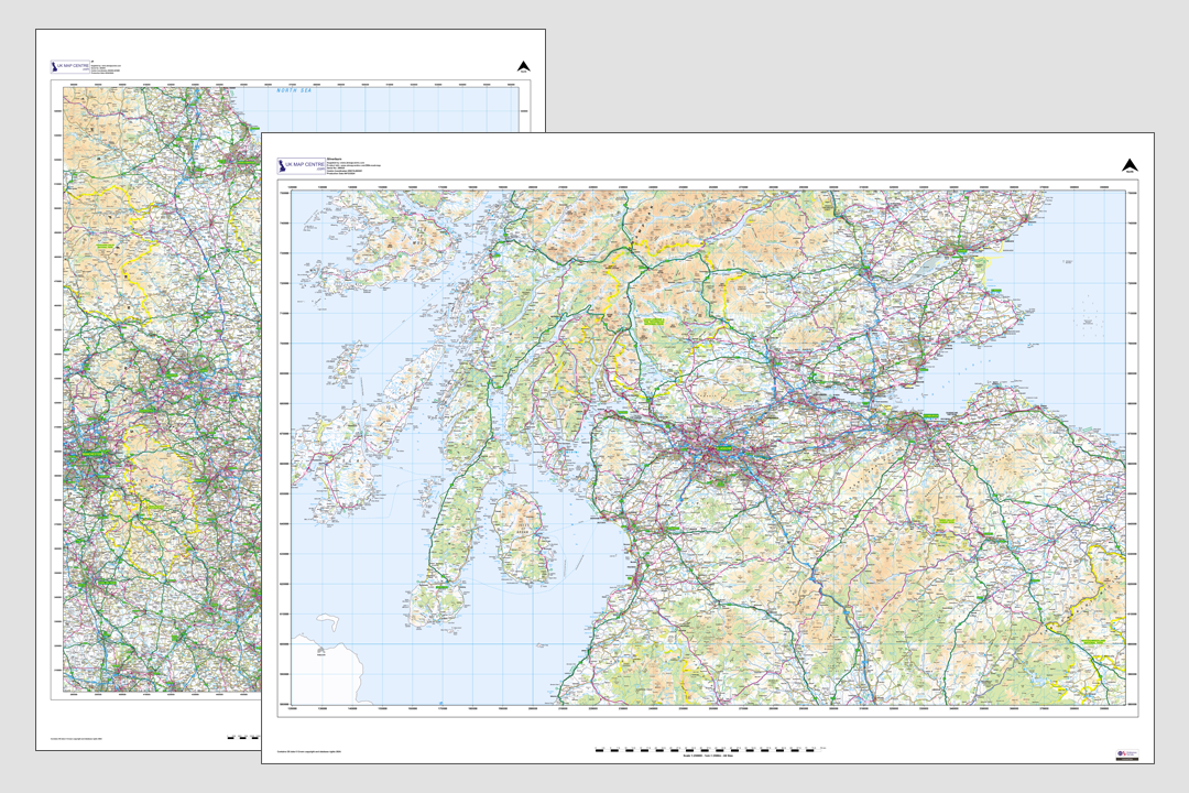 Two OS 1:250 000 road map extracts side by side showing Scotland's central belt, west coast, islands and ferry routes