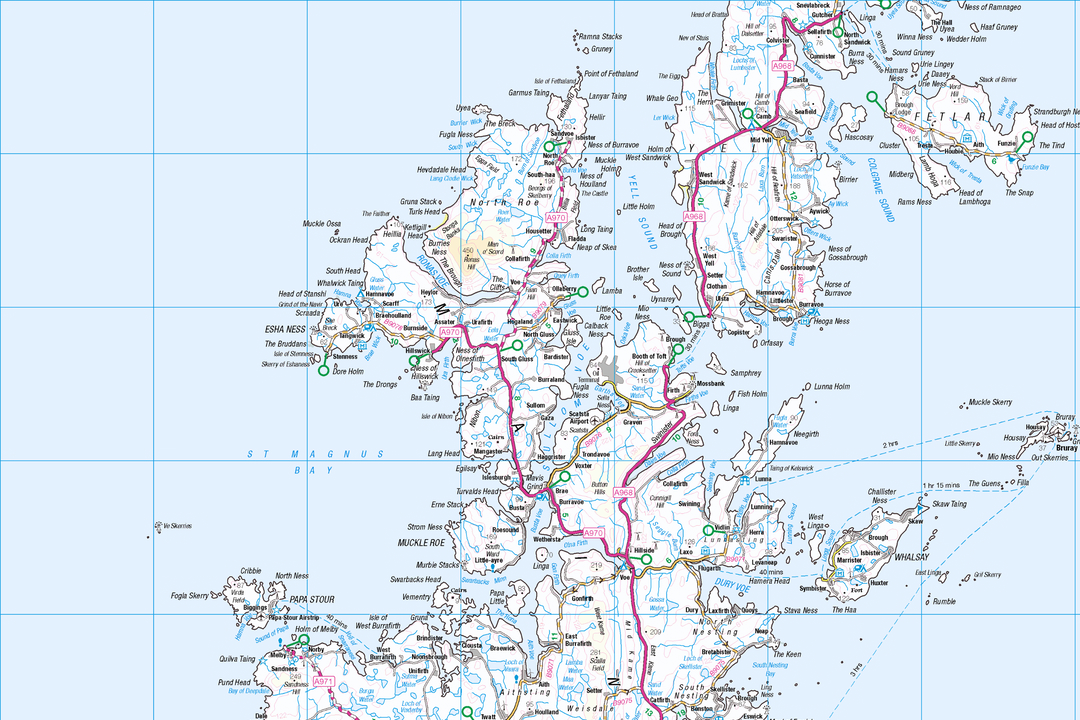 Close-up of OS 1:250 000 road map data showing the Scottish Highlands and islands - coastal roads, ferry routes and remote settlements