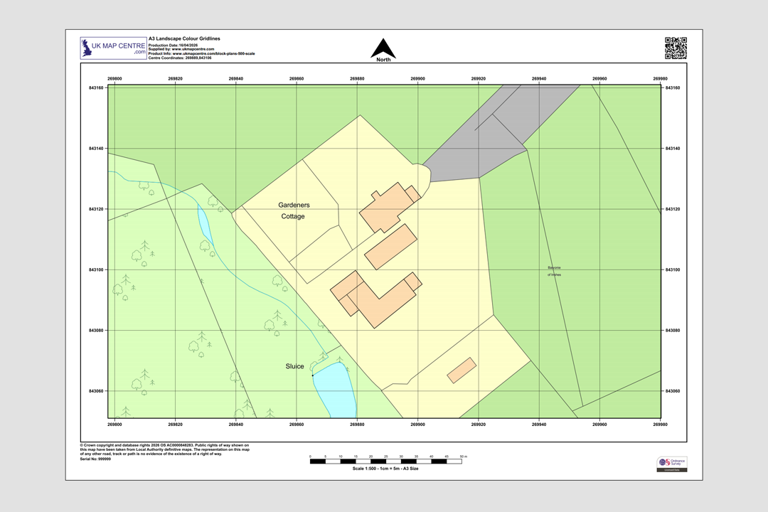 OS 1:500 colour A3 landscape block plan with gridlines showing a rural farm property and surrounding fields