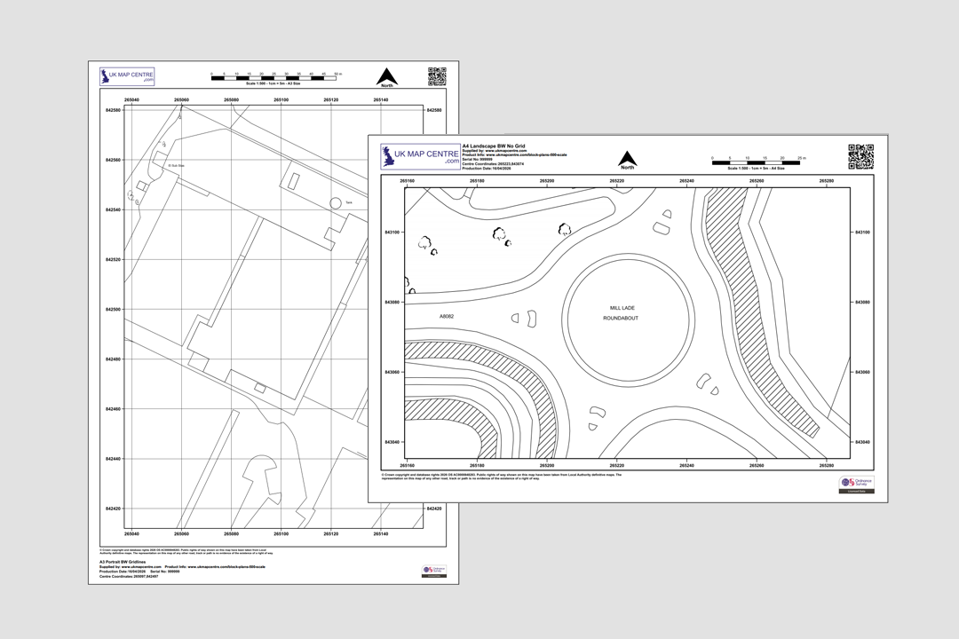 OS 1:500 black and white block plans side by side showing urban residential area and roundabout detail