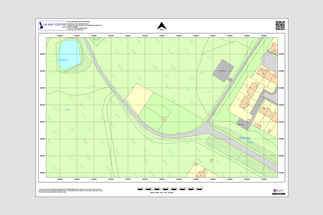 OS 1:500 colour A4 landscape block plan with gridlines showing rural road, reservoir and building footprints