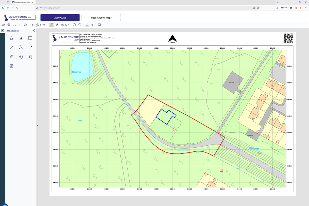 Online markup tool showing annotation sidebar for drawing site boundaries, proposed buildings and notes directly onto your OS 1:500 block plan