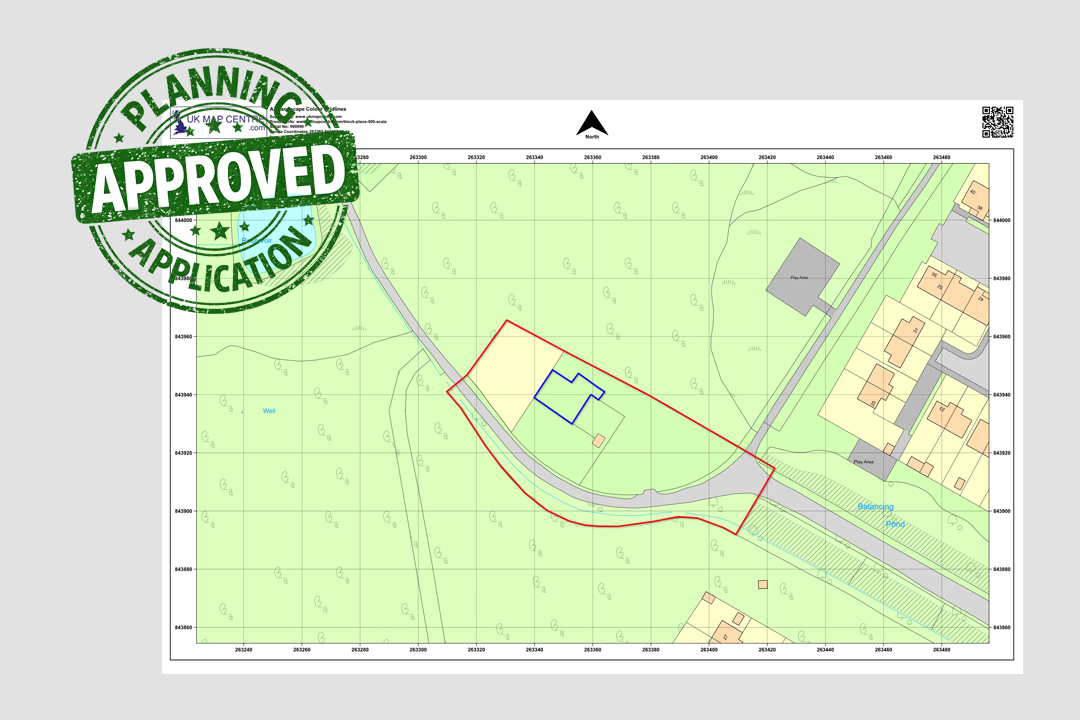 Planning Application Approved stamp over a 1:500 block plan marked up with red site boundary and blue proposed building using the online annotation tool