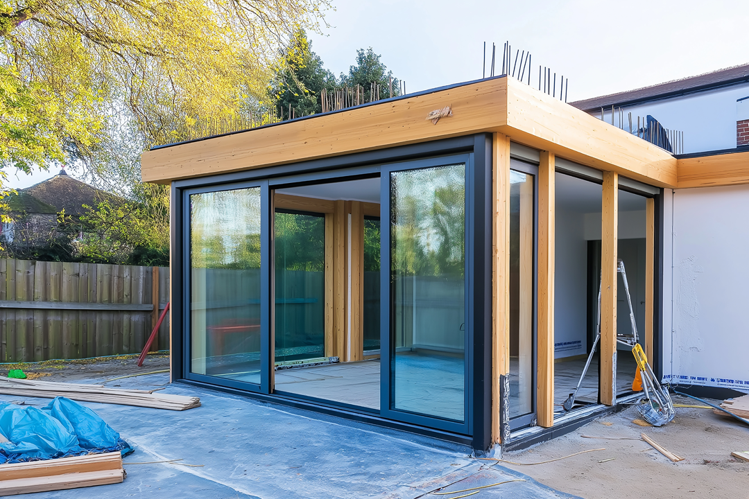 Modern garden room extension build - typical project supported by a 1:500 OS block plan for planning permission