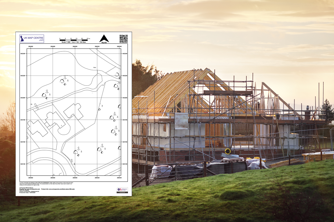 OS 1:500 block plan composited with new build house under construction - from planning drawing to completed project
