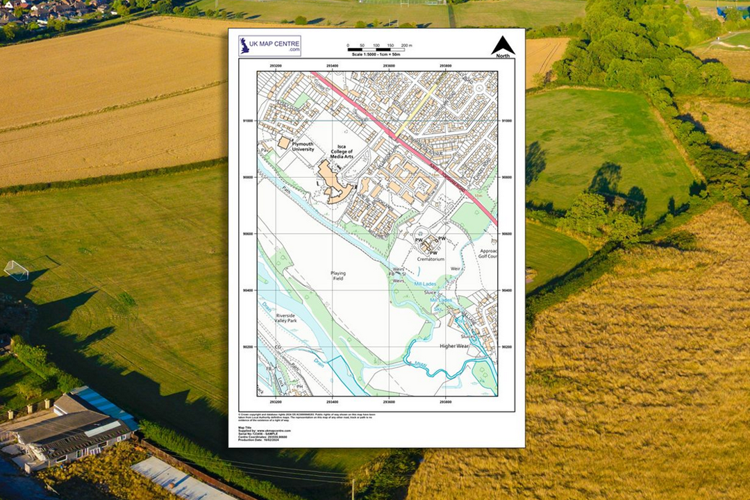 OS 1:5000 colour rural location plan overlaid on aerial countryside photograph showing fields, hedgerows and a rural village