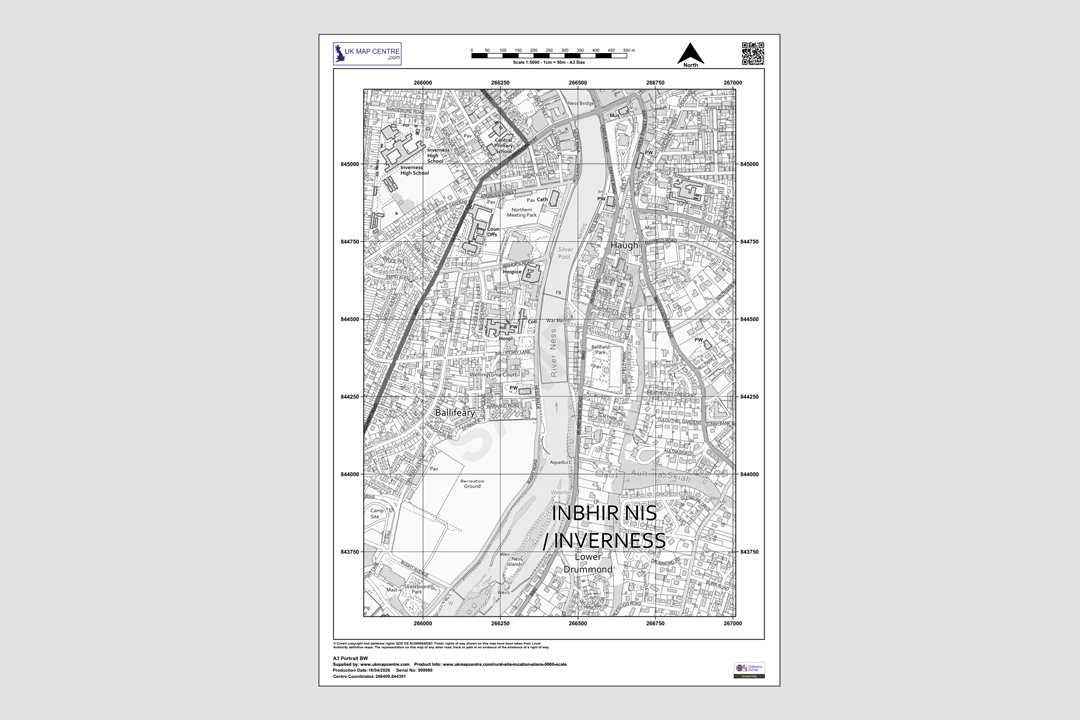 OS 1:5000 black and white plan of the Inverness area showing roads, railway, River Ness and surrounding land