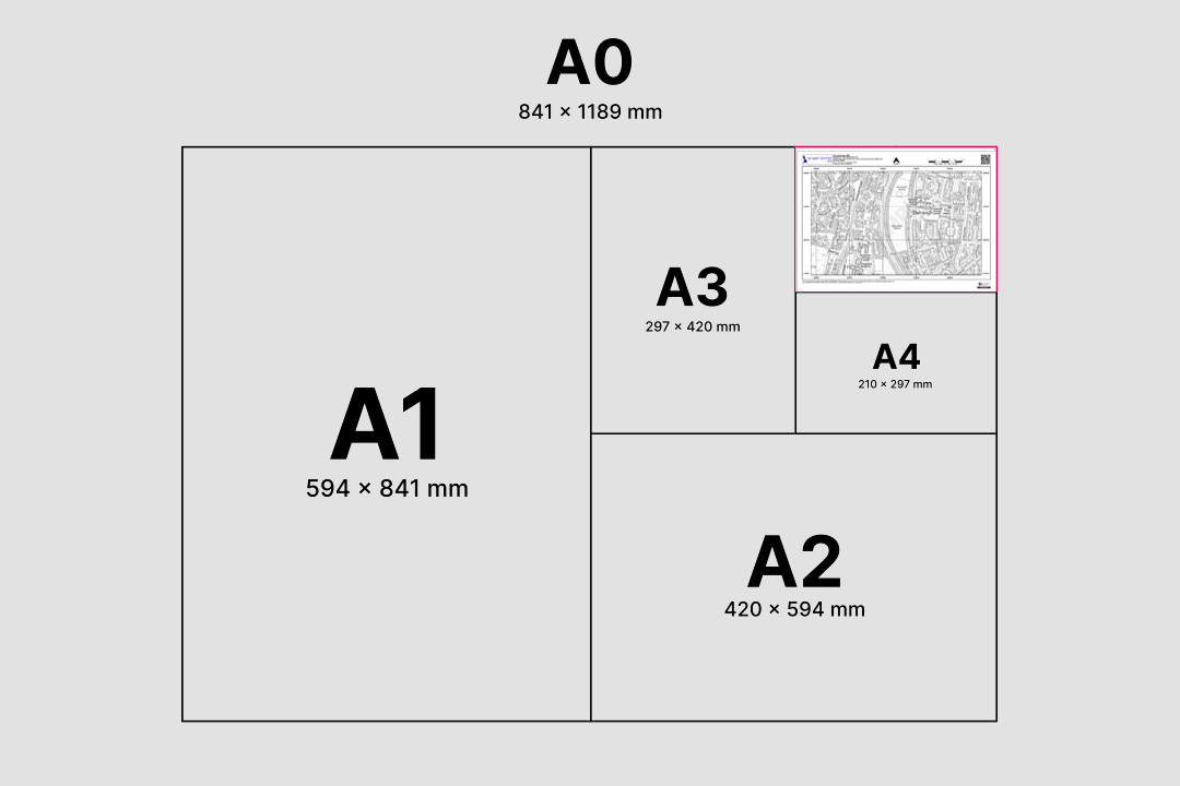 Paper size comparison from A4 to A0 showing how the 1:5000 rural location plan scales across print sizes