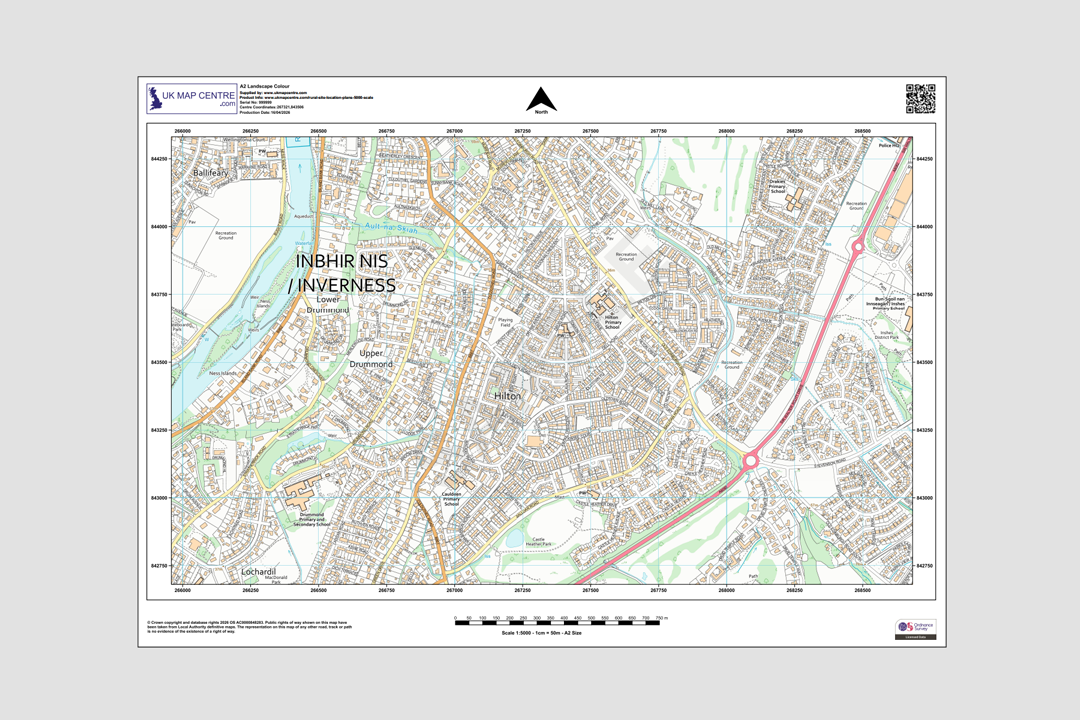 OS 1:5000 colour plan of the Inverness area showing full OS colour palette with roads, buildings and green spaces