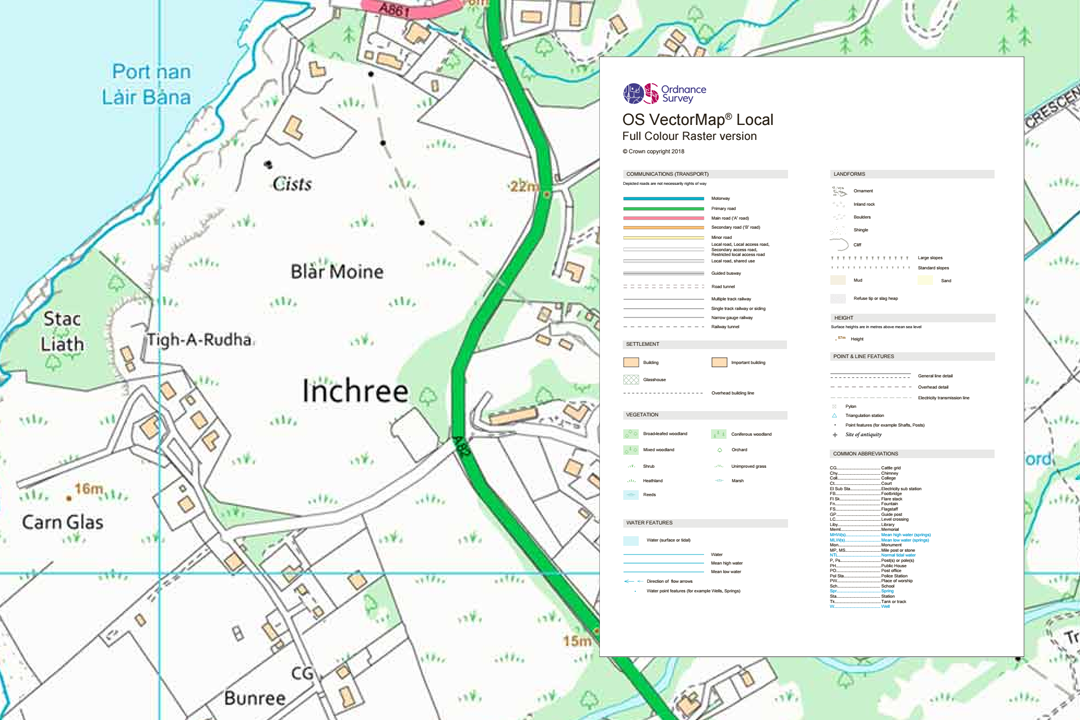 OS VectorMap Local data at 1:5000 scale showing rural features around Inchree with the OS product description alongside