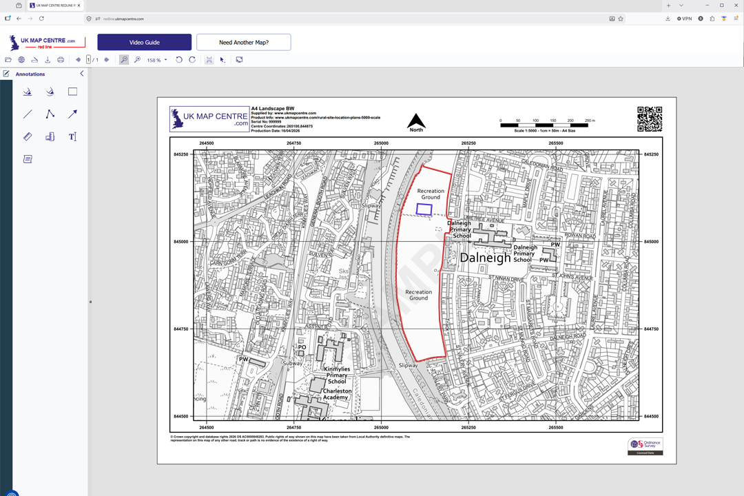 OS 1:5000 black and white plan displayed in a PDF viewer with red oval highlighting the site area ready for submission
