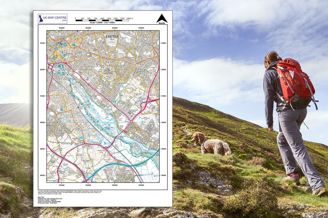 OS 1:25 000 Explorer colour map extract overlaid on a hillwalker photo - walker with rucksack looking across open hillside with sheep, showing the detail of the orange Explorer series