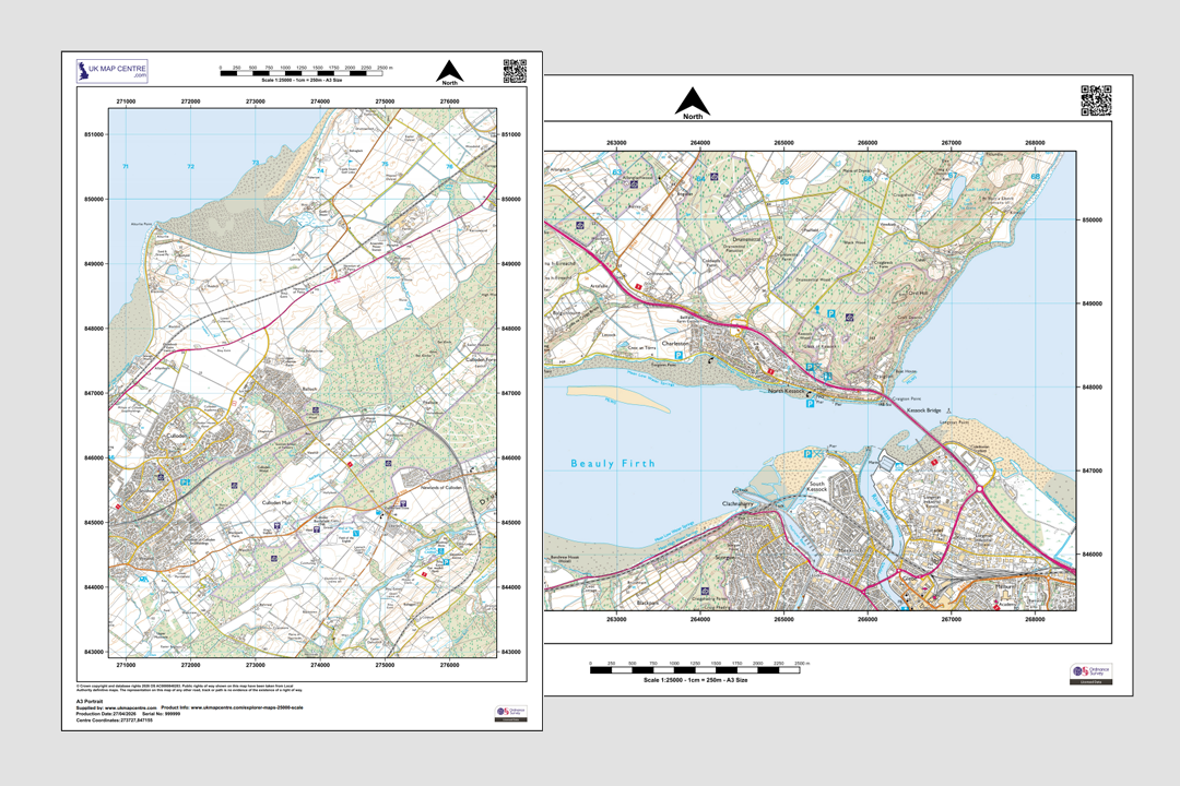 Two OS 1:25 000 Explorer extracts side by side in portrait and landscape orientation showing coastal areas with roads, contour lines and shoreline detail