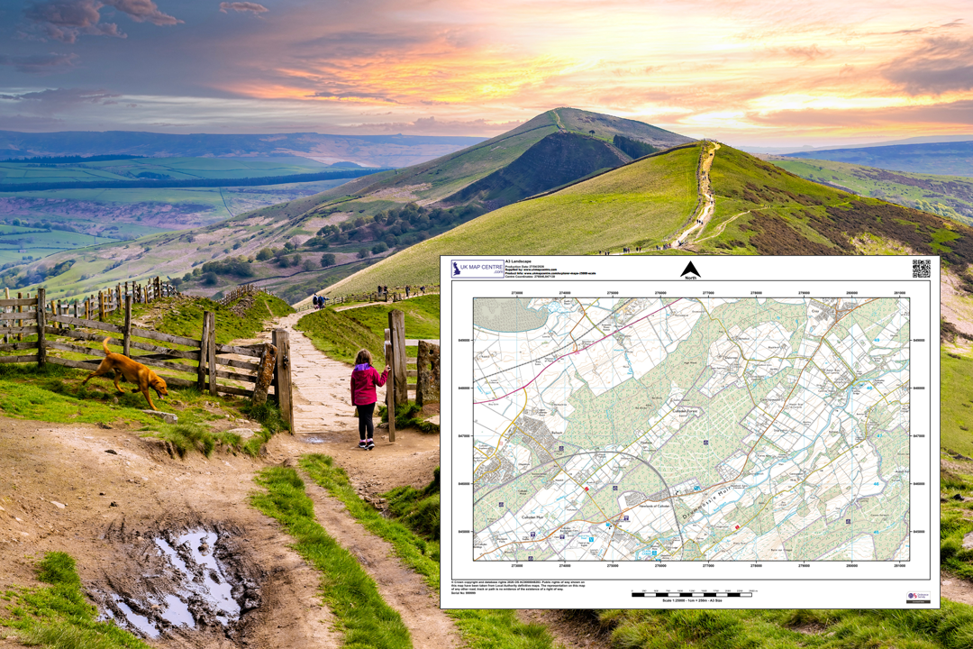 OS 1:25 000 Explorer extract overlaid on a ridge walk photo - walker on a hill path at sunset with views across open moorland and valleys