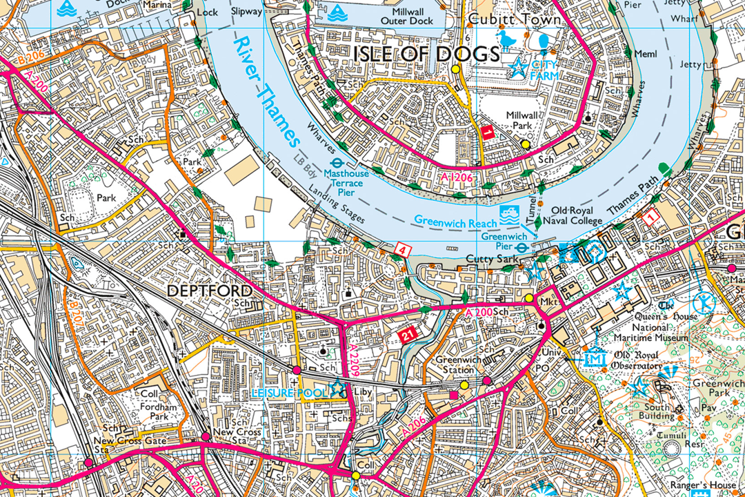 Close-up of OS 1:25 000 Explorer map data showing Isle of Dogs and Deptford in London - pink main roads, detailed urban streets, River Thames and docks