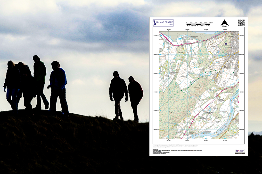 Group of walkers silhouetted on a hilltop with an OS 1:25 000 Explorer extract overlaid - the map that starts every outdoor adventure