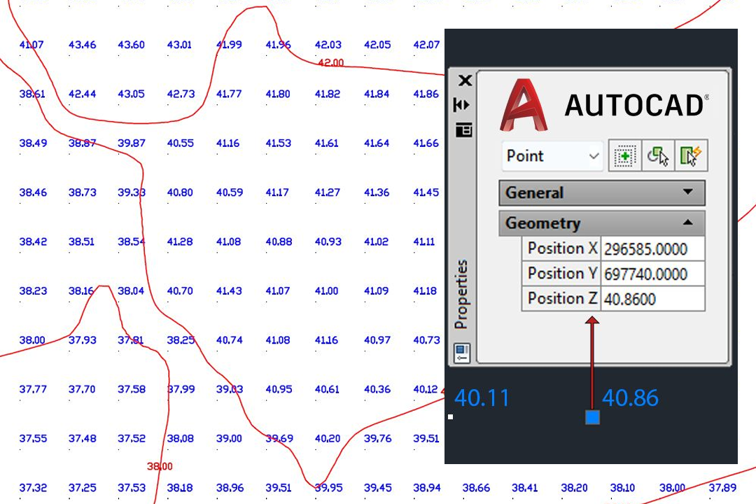 OS Terrain 5 DTM grid points displayed in AutoCAD with properties panel showing X Y and Z coordinate values for each 5-metre post