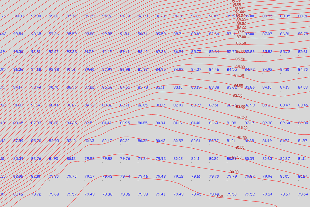 Close-up of OS Terrain 5 grid points with blue elevation values and red contour lines generated from the 5-metre height model
