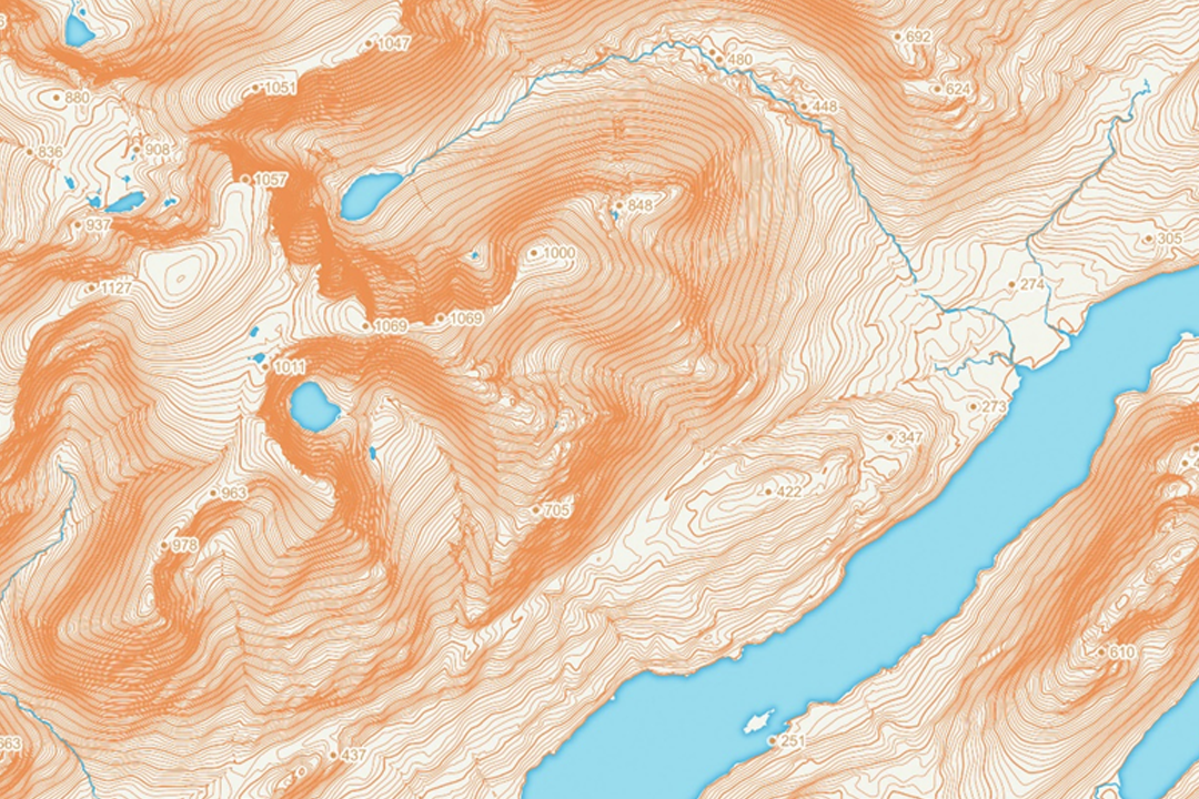 Colour-shaded terrain relief of Highland mountains lochs and valleys with orange shading and contour lines derived from OS Terrain 5