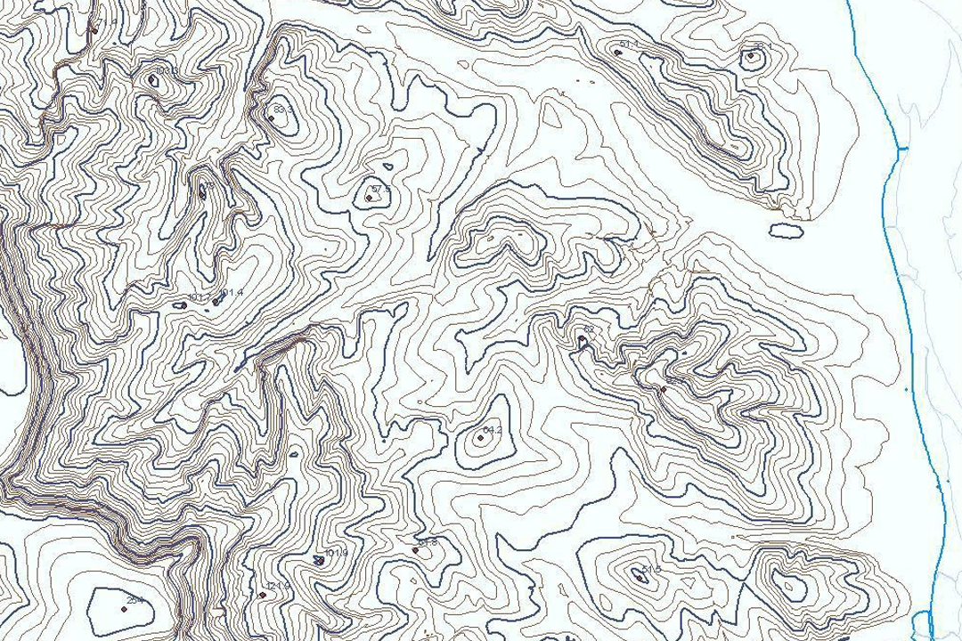 Black contour lines on white background showing detailed mountain and valley terrain generated from OS Terrain 5 height data