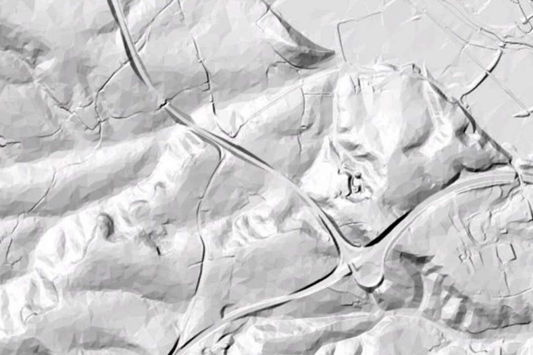Hillshaded DTM relief rendering showing three-dimensional grey terrain visualisation created from OS Terrain 5 ASCII grid data