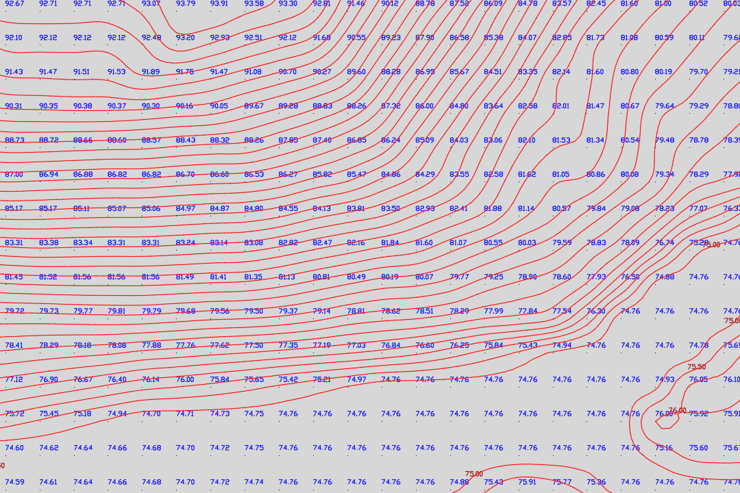 OS Terrain 5 DTM grid points with blue elevation values and red contour lines showing a gently undulating terrain area