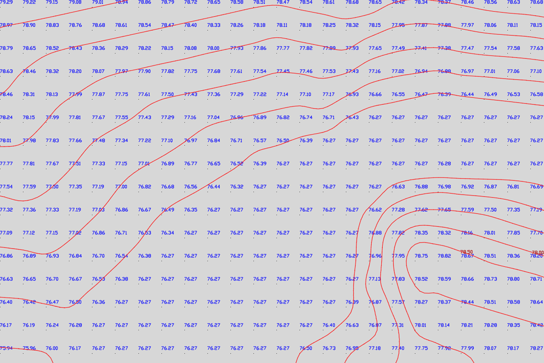 OS Terrain 5 grid points with blue height values and pink contour lines showing relatively flat terrain with gentle elevation changes