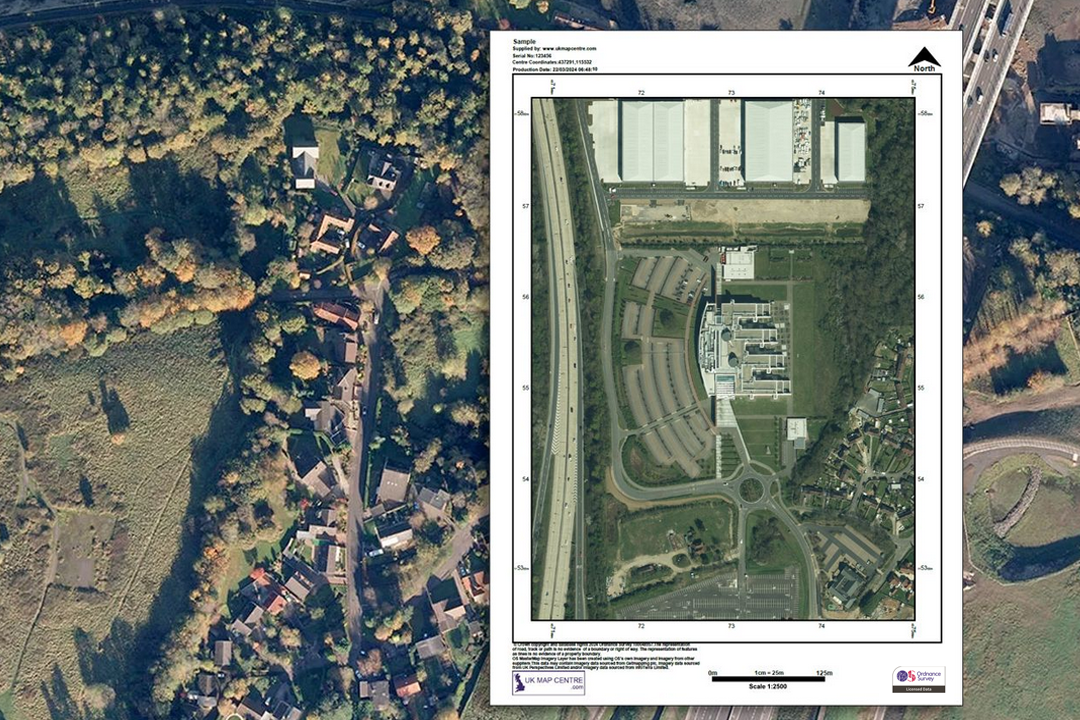 OS 1:1250 orthorectified aerial imagery extract overlaid on wider aerial photo showing a facility with car park, landscaping and surrounding woodland