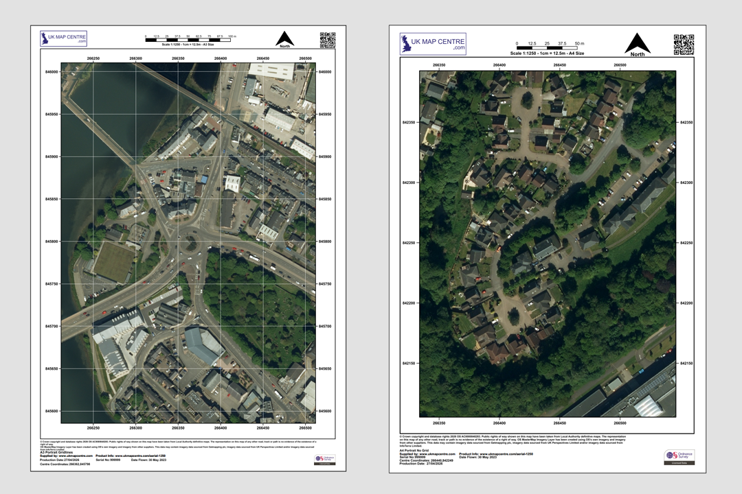 Two OS 1:1250 aerial imagery extracts side by side in portrait and landscape - town centre with roads and buildings, and a residential cul-de-sac surrounded by trees