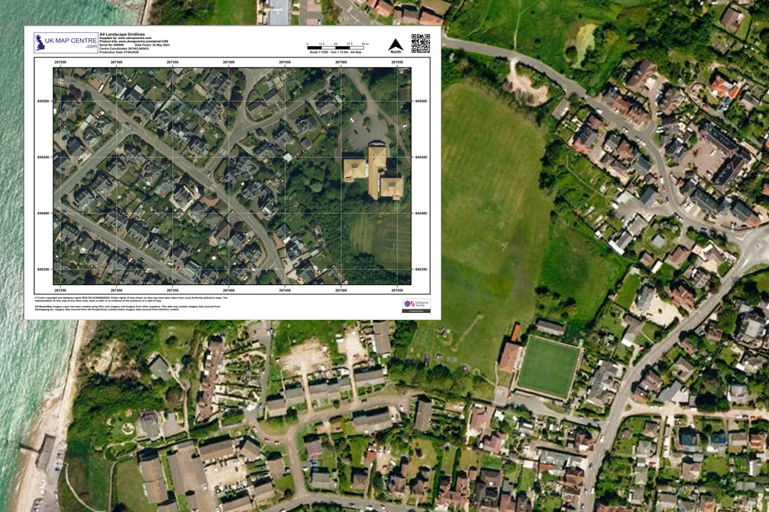 OS 1:1250 aerial imagery extract overlaid on wider aerial photo of a coastal residential area - houses, gardens, green space and shoreline visible at 25 cm resolution