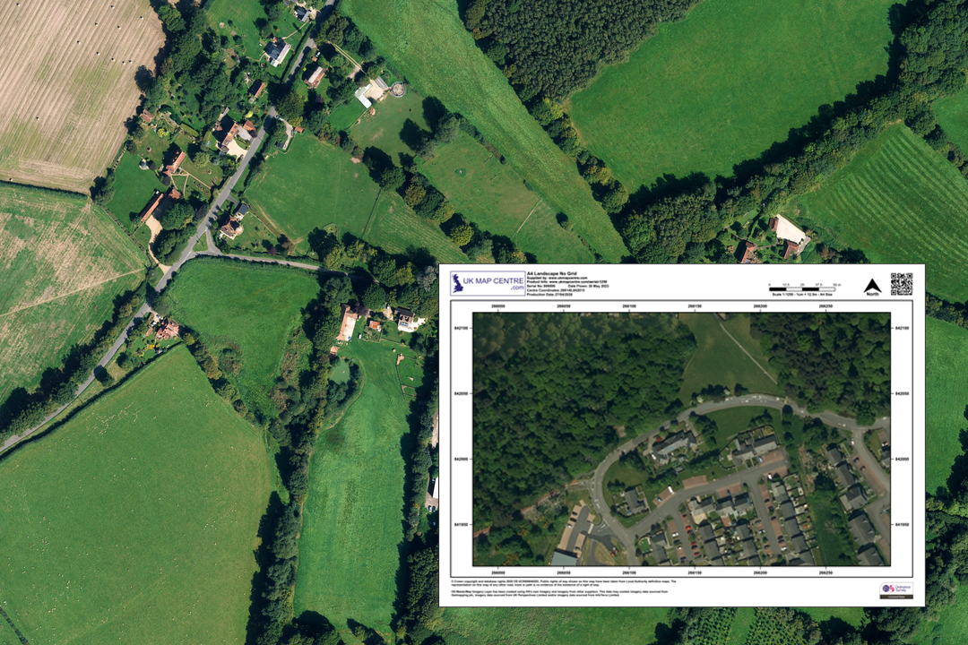 OS 1:1250 aerial imagery extract overlaid on wider aerial photo of a rural hamlet surrounded by fields, hedgerows and farmland - ideal for agricultural and land-use assessment