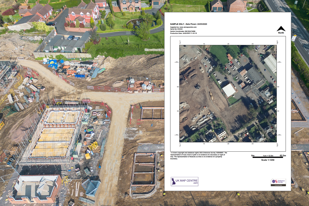 Active construction site photographed at 25 cm resolution with an OS 1:1250 aerial extract inset - foundations, scaffolding and building materials clearly visible