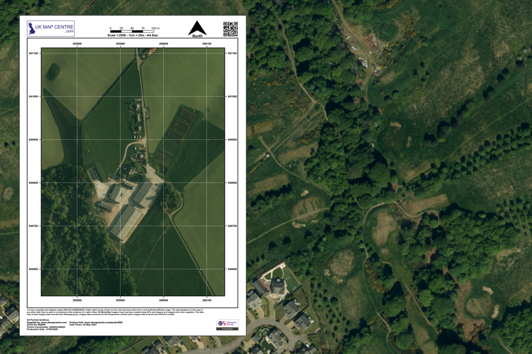 OS 1:2500 aerial extract overlaid on wider aerial photo showing agricultural fields with farm buildings, tracks, hedgerows and scattered woodland