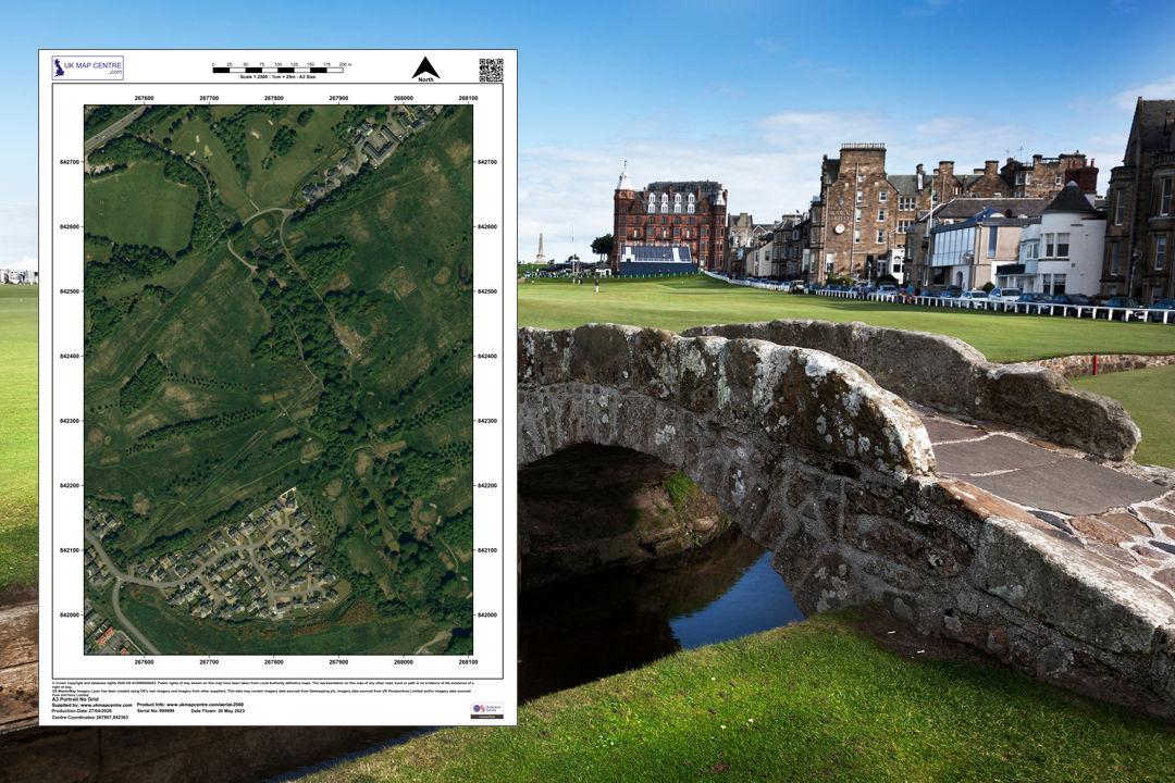 OS 1:2500 aerial extract overlaid on a photo of a historic stone bridge - showing rural landscape and golf course terrain at 25 cm resolution