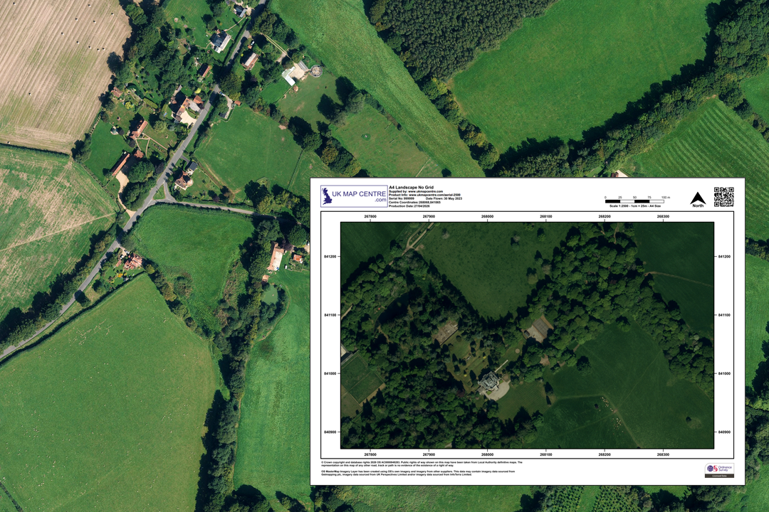 OS 1:2500 aerial extract overlaid on wider aerial photo showing a woodland block, fields and a rural property - ideal for estate and land management
