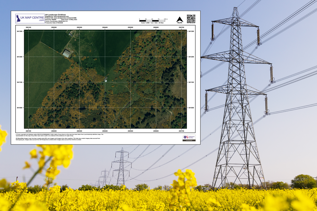 OS 1:2500 aerial extract overlaid on a photo of electricity pylons in a rapeseed field - showing overhead line corridors and vegetation encroachment assessment