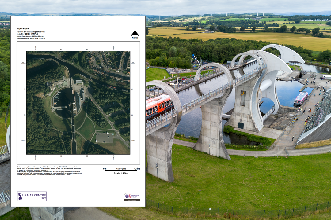 OS 1:2500 aerial extract overlaid on a photo of the Falkirk Wheel - canal, wheel structure and surrounding landscape showing infrastructure and engineering context