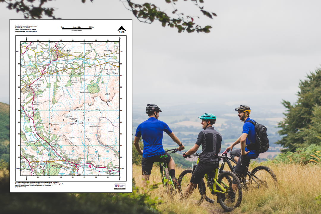 Three mountain bikers looking across a valley with an OS 1:50 000 Landranger colour extract overlaid - the pink series map for route planning and touring