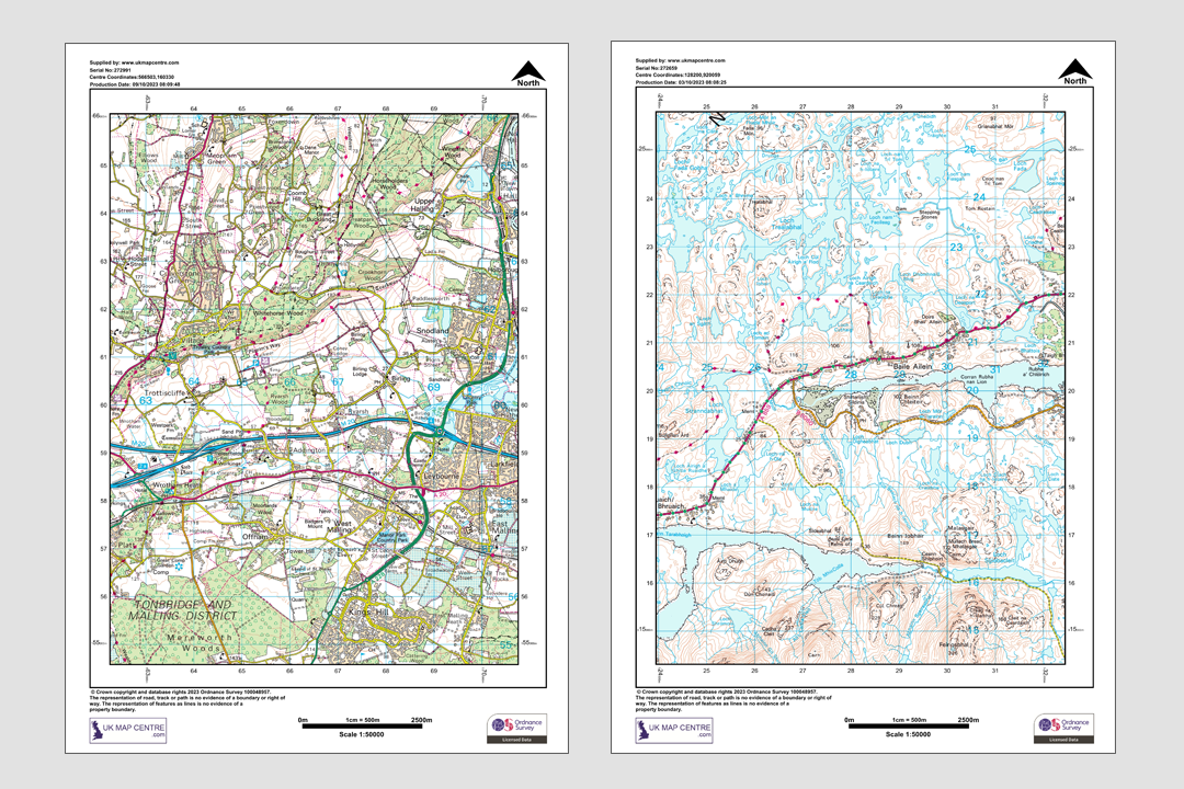 Two OS 1:50 000 Landranger extracts side by side in portrait and landscape orientation showing rivers, roads and settlements
