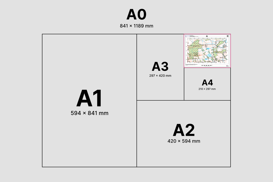 Paper size comparison from A4 to A0 with dimensions labelled and an OS 1:50 000 Landranger extract inset at A4 size showing woodland and rural detail