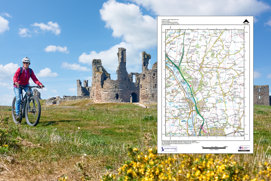 Cyclist at a ruined castle with an OS 1:50 000 Landranger extract overlaid - roads, rivers and contour lines across a wide area with gorse in the foreground