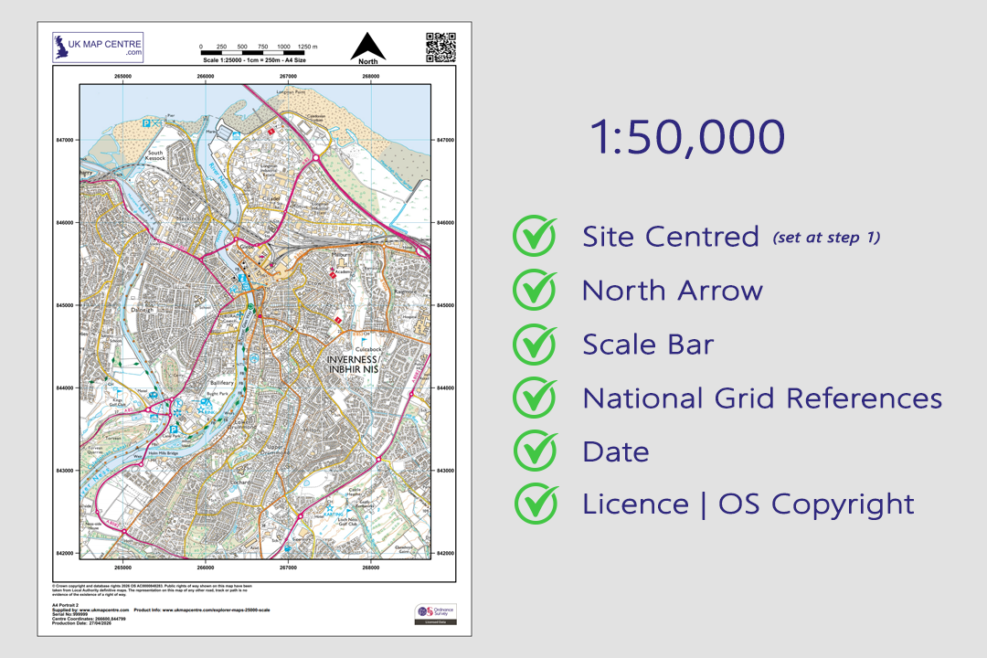 Checklist graphic showing 1:50 000 with green ticks for Site Centred, North Arrow, Scale Bar, National Grid References, Date and Licence alongside a Landranger extract