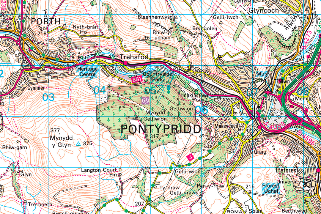 Close-up of OS 1:50 000 Landranger map data showing Pontypridd in the South Wales valleys - roads, contour lines, settlements and river detail