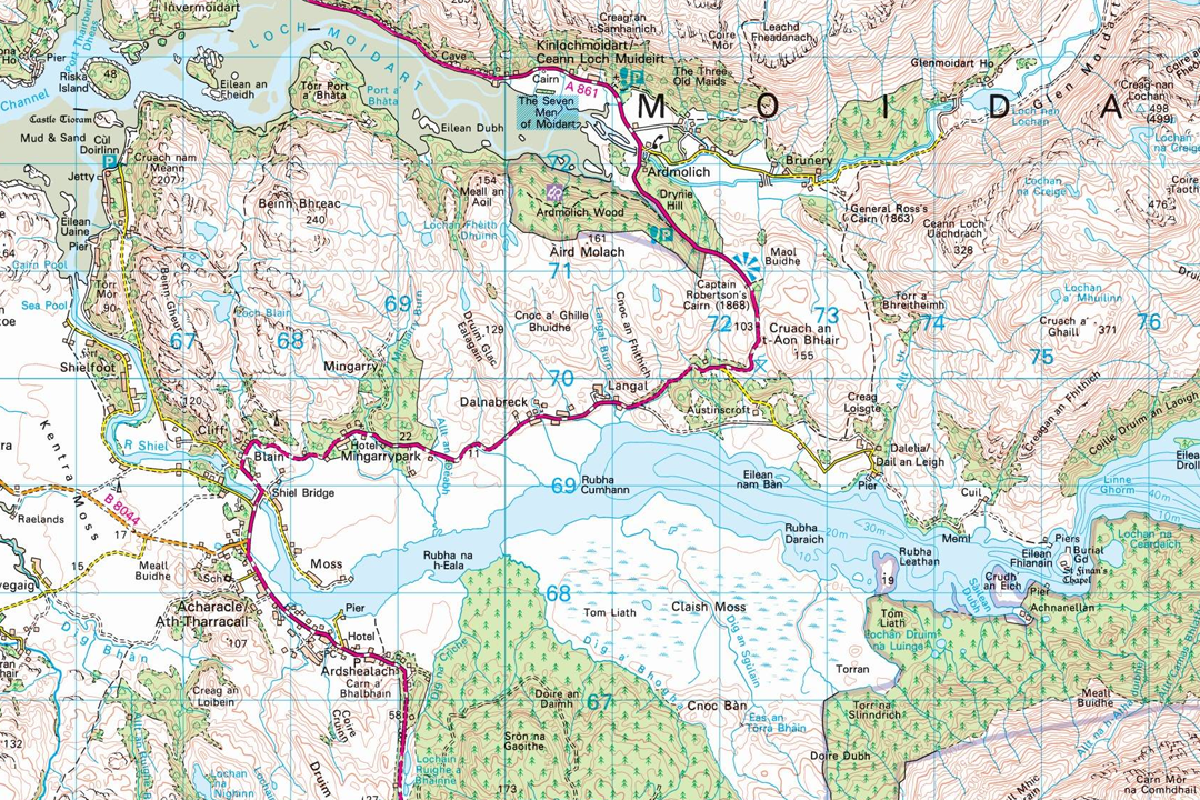 Close-up of OS 1:50 000 Landranger map data showing a Scottish Highlands loch area - pink roads, contour shading, lochs and mountain terrain