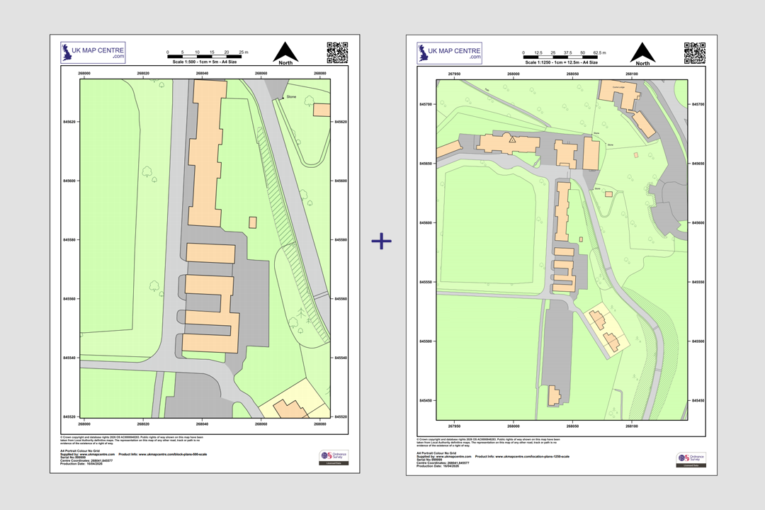 OS Planning Pack colour example - 1:500 block plan and 1:1250 location plan side by side, both centred on the same site